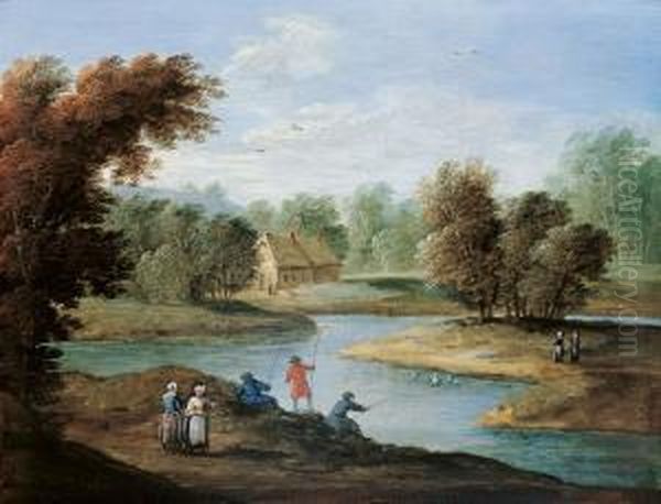 Flusslandschaft Mit Anglern. Oil Painting by Jan Frans I Van Bredael