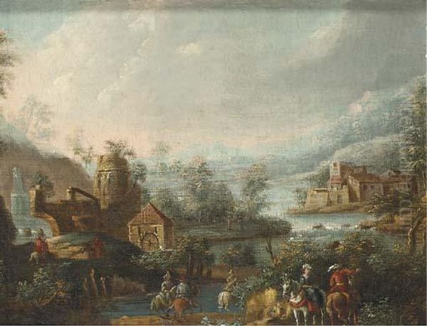 A Mountainous Landscape With Horsemen Oil Painting by Jan Frans I Van Bredael