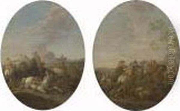 A Pair Of Cavalry Skirmishes Oil Painting by Jan Frans I Van Bredael