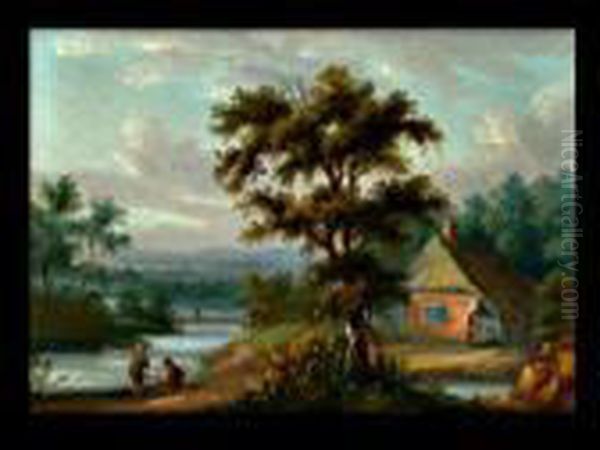 Landschaft Mit Strohbedecktem Gehoft Hinter Eichenbaum An Einemflus Oil Painting by Jan Frans I Van Bredael