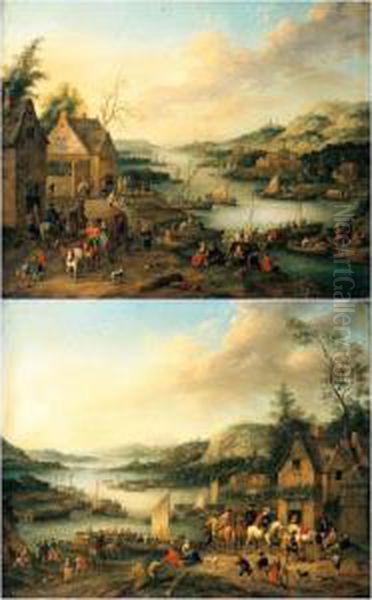 A River Landscape With Boats And
 A Coach Party Departing; A River Landscape With Boats And Riders Halted
 At An Inn Oil Painting by Jan Frans I Van Bredael