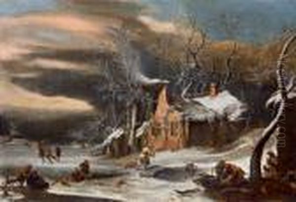 Hollandische Winterlandschaft Mit Eislaufern Oil Painting by Jan Pieter Van Bredael I