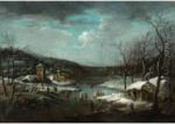 A Skating Scene With A Town Beyond Oil Painting by Jan Pieter Van Bredael I