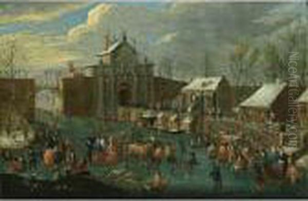 A Winter Scene With Elegant 
Figures Skating And A Horse-drawn Sleigh On A Frozen Canal Outside A 
City Gate Oil Painting by Jan Pieter Van Bredael I