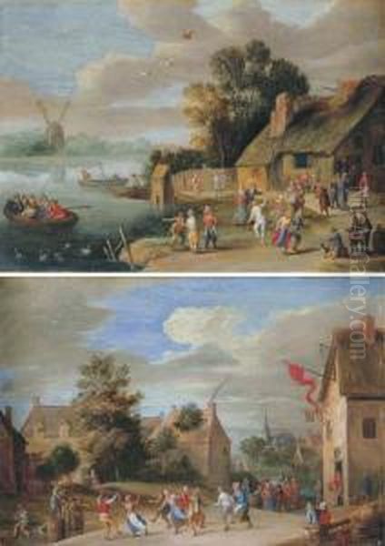 A River Landscape With Peasants 
Merrymaking Beside A Cottage; And Avillage Landscape With Peasants 
Merrymaking Outside An Inn Oil Painting by Jan Pieter Van Bredael I