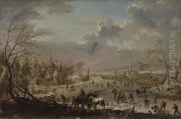 A Winter Landscape With Villagers Skating On A Frozen River Oil Painting by Jan Pieter Van Bredael I