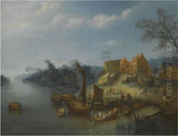 A River Landscape With Figures On A Bank And In Boats Oil Painting by Joseph van Bredael