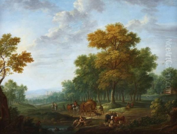 Landscape Withtravellers By Foot
 And Horse-drawn Cart. In The Front A Shepardwith His Sheep, A Castle At
 The Horizon Oil Painting by Joseph van Bredael