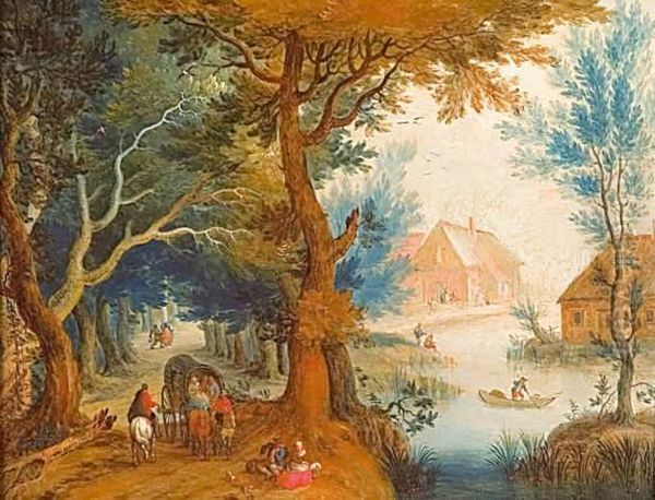 Paysage Anime De Personnages En Bordure De Riviere Oil Painting by Joseph van Bredael