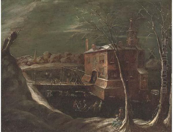 A Moonlit Winter Landscape With Skaters On A Frozen Lake Oil Painting by Joseph van Bredael