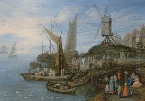 Sailboats And A Windmill At A Port Oil Painting by Joseph van Bredael