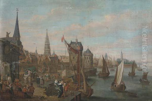 A View Of Antwerp With Elegant Company On A Quay Oil Painting by Joseph van Bredael