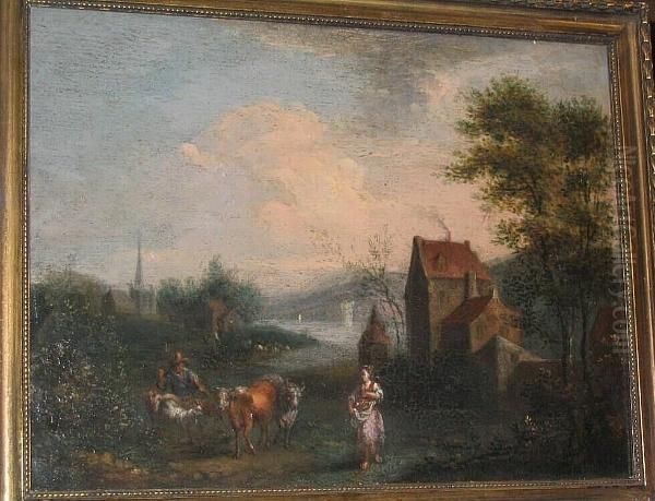 River Landscape With Figures, Cattle And Buildings Oil Painting by Joseph van Bredael