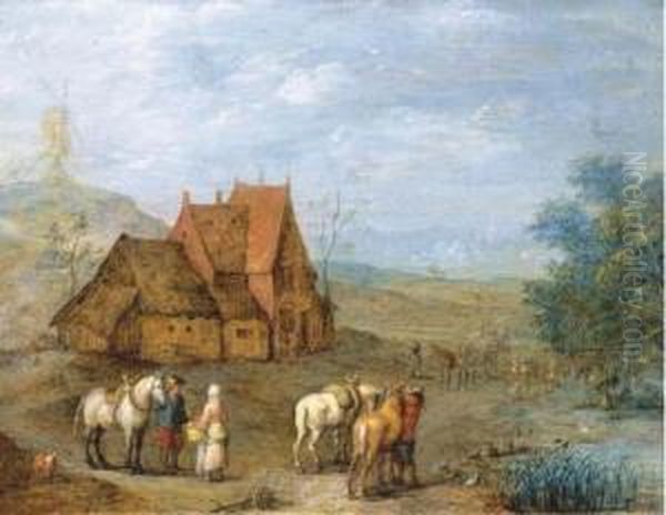 A Landscape With Travellers And Their Horses Before A Farmhouse,windmill Beyond Oil Painting by Joseph van Bredael