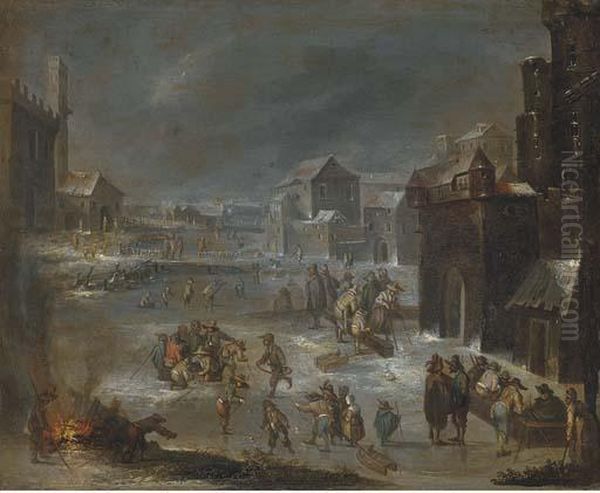 A Village With Peasants Playing 
Skittles And Drinking; And A Winterlandscape With Skaters Oil Painting by Joseph van Bredael