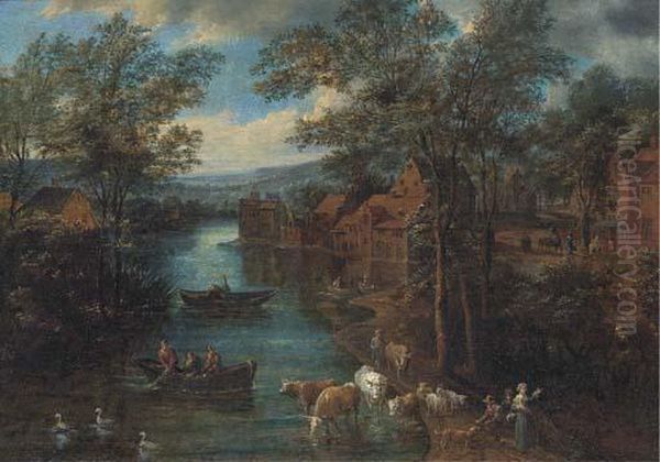 A Wooded River Landscape With Fisherman And Peasants On Atrack Oil Painting by Joseph van Bredael