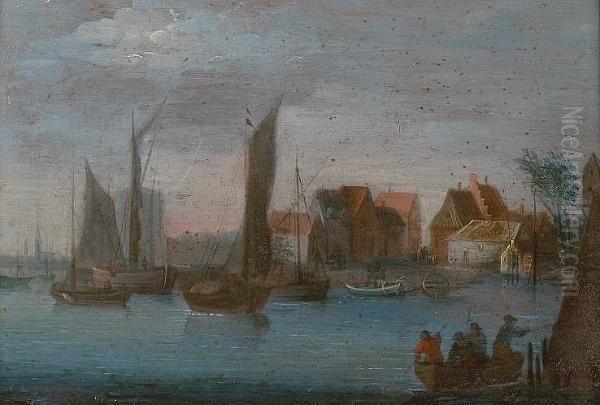 A River Landscape With Fishermen In Boats, A View To A Village Beyond Oil Painting by Joseph van Bredael