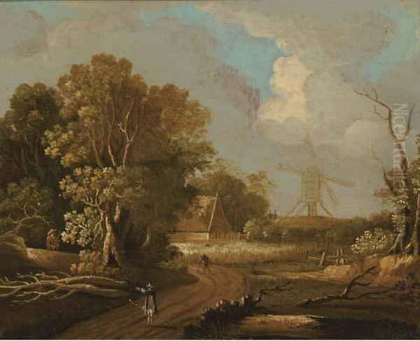 A Wooded Landscape With A 
Shepherd In The Foreground; And A Woodedlandscape With Travellers On A 
Track, A Windmill Beyond Oil Painting by Joseph van Bredael