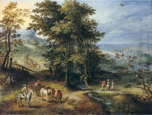 An Extensive Wooded Landscape With Travellers On A Path Oil Painting by Joseph van Bredael