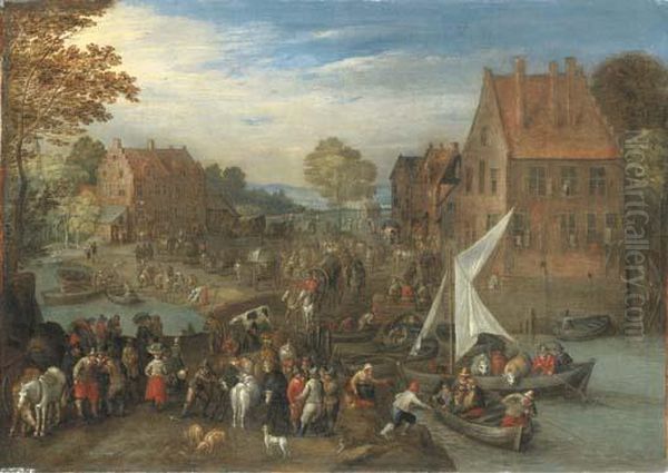 A Crowded Village Landscape With Wagons On A Path And Ferries Crossing A River Oil Painting by Joseph van Bredael