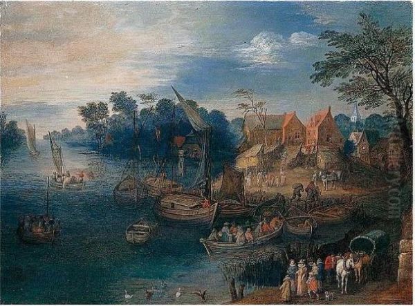 A River Landscape With Travellers Near A Village Oil Painting by Joseph van Bredael