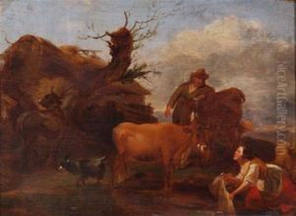 Figures And Livestock Next To A Hayloft Set Within A Classicallandscape Oil Painting by Pieter Van Bredael