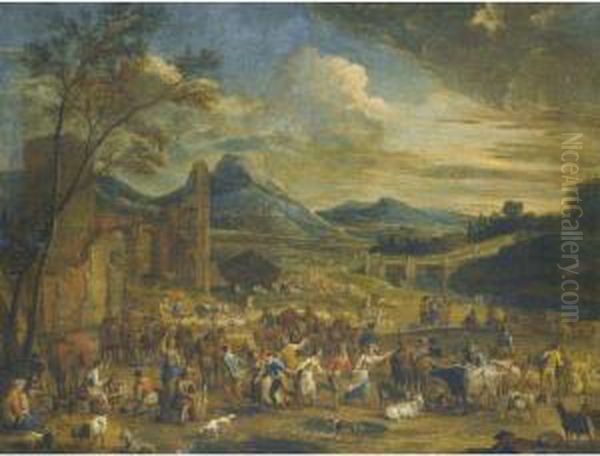 An Extensive And Mountainous 
River Landscape With Numerous Figuresmerrymaking In The Foreground 
Before Ancient Ruins Oil Painting by Pieter Van Bredael