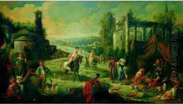 Personnages Orientaux Dans Un Vaste Paysage De Ruinesantiques Oil Painting by Pieter Van Bredael