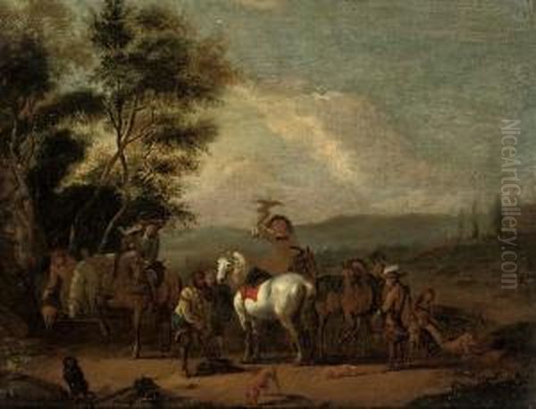 A Wooded Landscape With A Hawking Party At Rest Oil Painting by Pieter Van Bredael