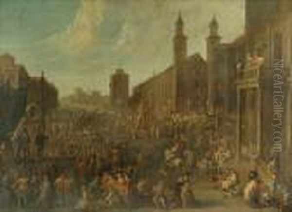 Town Scene Withstreet Performers And Figures Merry Making Oil Painting by Pieter Van Bredael