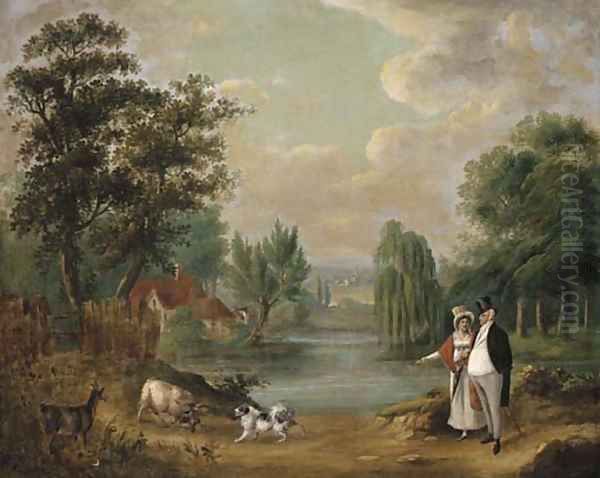 An elegant couple walking with their dog in a lake landscape Oil Painting by Joseph Farington