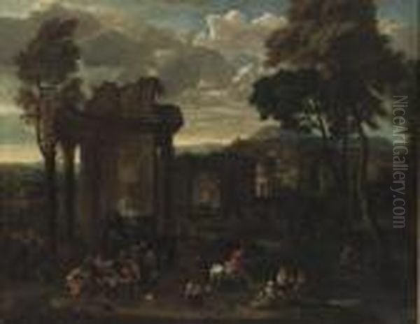 Figures At A Country Fair Near Roman Ruins, A Classical City Beyond Oil Painting by Pieter Van Bredael