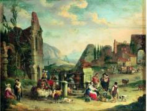 Reunion De Paysans Autour D'une Fontaine Dans Un Paysage De Ruines Antiques Oil Painting by Pieter Van Bredael