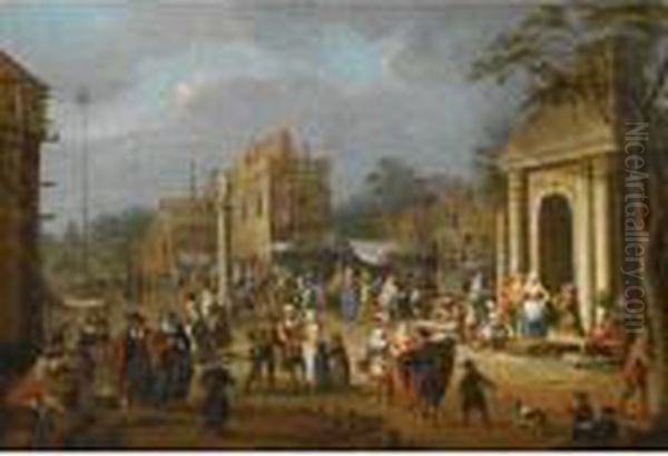 A Busy Market Scene Amongst Classical Ruins Oil Painting by Pieter Van Bredael