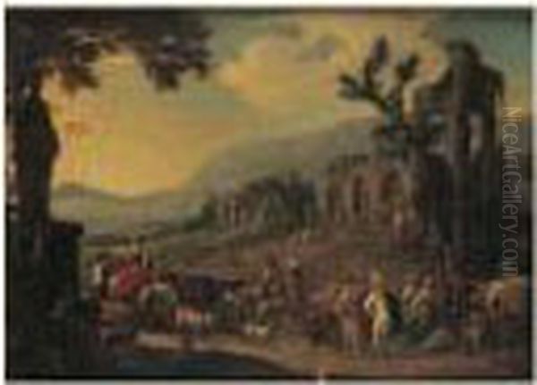 Scene De Marche Dans Des Ruines Antiques Oil Painting by Pieter Van Bredael