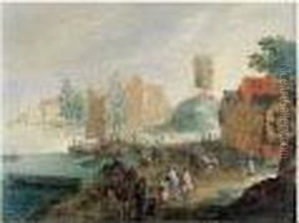 Paysage De Bord De Fleuve Avec Un Moulin Oil Painting by Pieter Van Bredael