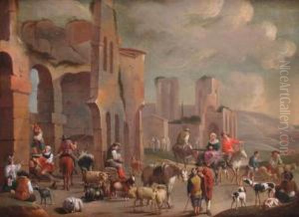 Paesaggio Con Rovine, Pastori, Armenti E Viandanti. Oil Painting by Pieter Van Bredael