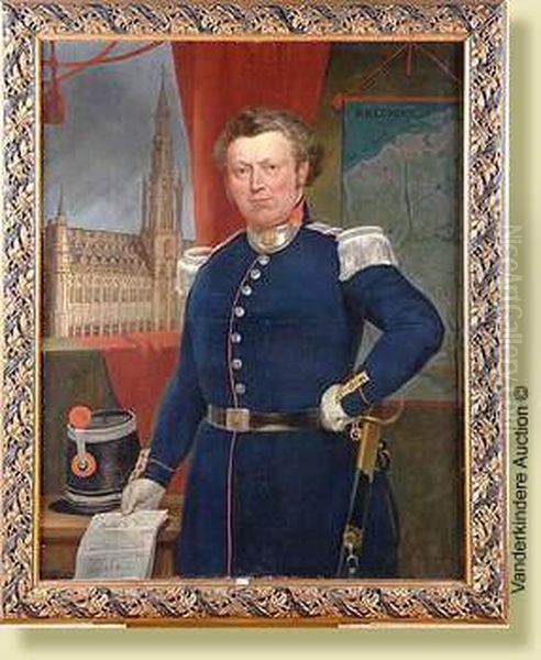 Portrait D'un Officier De La Gardecivique Devant L'hotel De Ville De Bruxelles Oil Painting by Philippe Van Bree