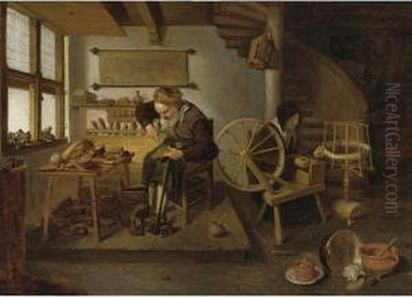 A Cobbler At Work, His Wife Spinning Wool Oil Painting by Quiringh Gerritsz. van Brekelenkam