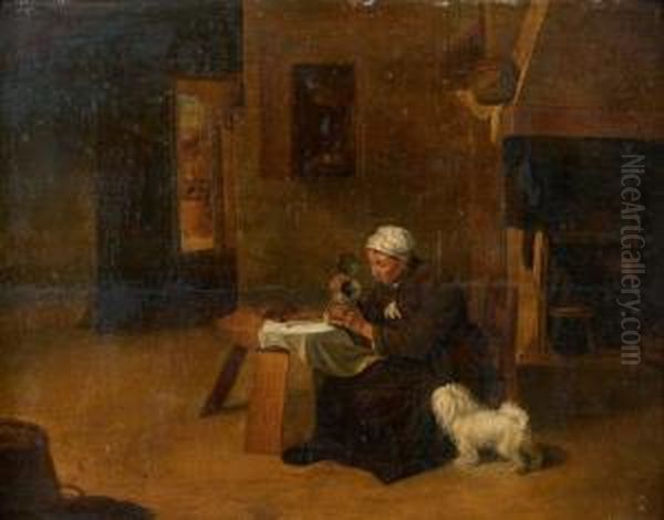 Femme Assise Dans Une Cuisine Pres De Son Chien Oil Painting by Quiringh Gerritsz. van Brekelenkam