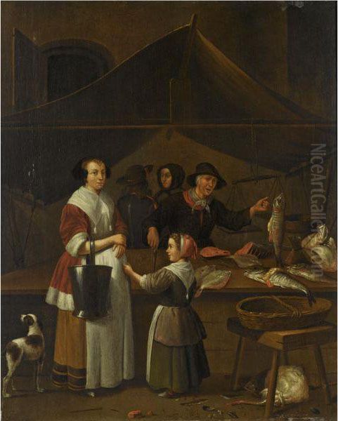 A Woman And A Young Girl Buying Fish At A Market Stall Oil Painting by Quiringh Gerritsz. van Brekelenkam