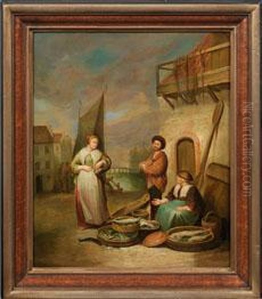 Strasenszene Mit Fischhandlerin Vor Einer Hafenkulisse Oil Painting by Quiringh Gerritsz. van Brekelenkam