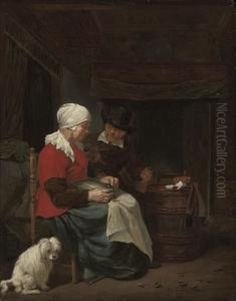 A Couple Seated In An Interior With A Dog Oil Painting by Quiringh Gerritsz. van Brekelenkam