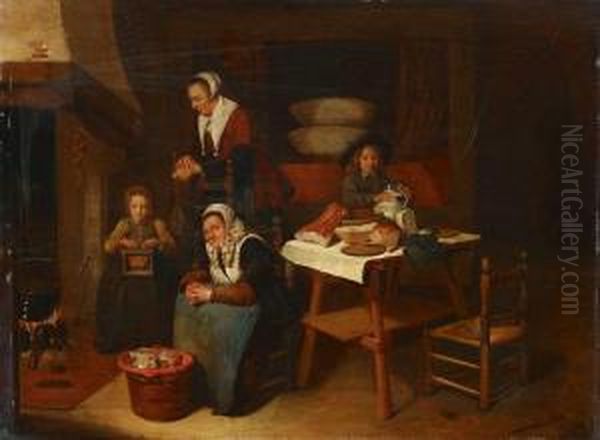 Interieur Mit Zwei Frauen Und Zwei Kindern Oil Painting by Quiringh Gerritsz. van Brekelenkam