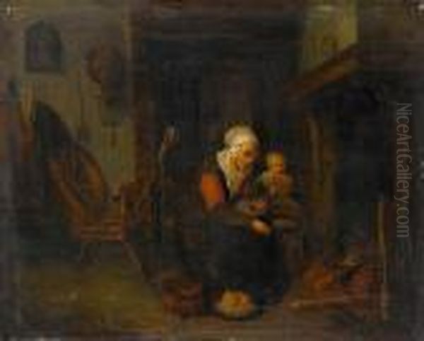 A Kitchen Interior With A Woman And Her Childby A Stove Oil Painting by Quiringh Gerritsz. van Brekelenkam