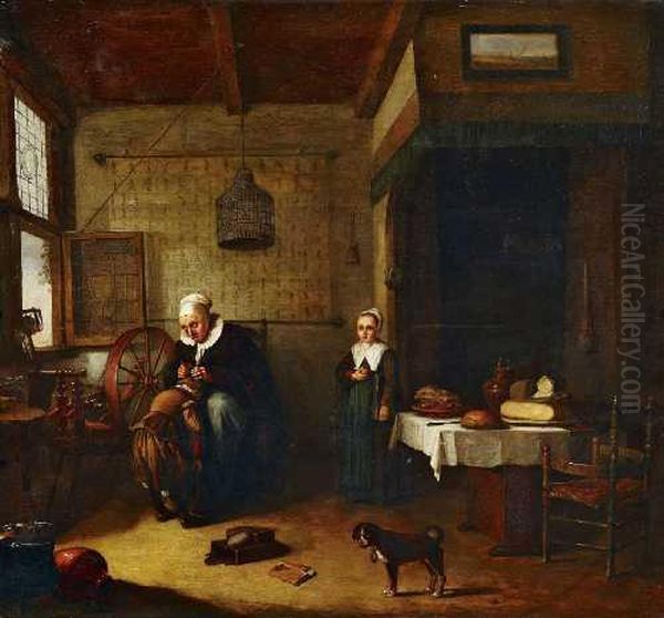 Interieur Mit Einer Alteren Frau, Einen Knabenlausend. Oil Painting by Quiringh Gerritsz. van Brekelenkam