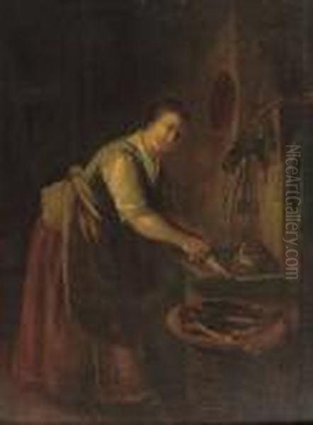 A Peasant Woman Cleaning Fish In An Interior Oil Painting by Quiringh Gerritsz. van Brekelenkam