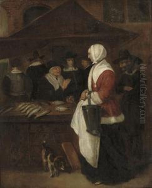 A Fish Seller Oil Painting by Quiringh Gerritsz. van Brekelenkam