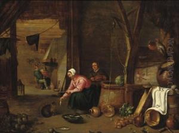 A Barn Interior With A Peasant 
Woman Feeding Fish To A Cat Near A Well, Figures Near A Stove In The 
Background Oil Painting by Quiringh Gerritsz. van Brekelenkam