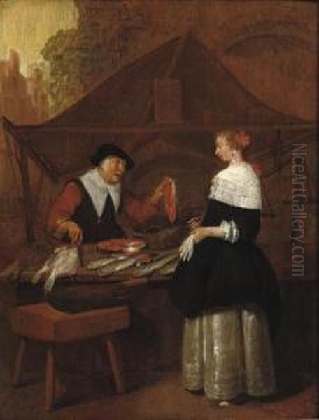 A Fishmonger Selling Her Wares To An Elegant Lady At A Stall Oil Painting by Quiringh Gerritsz. van Brekelenkam